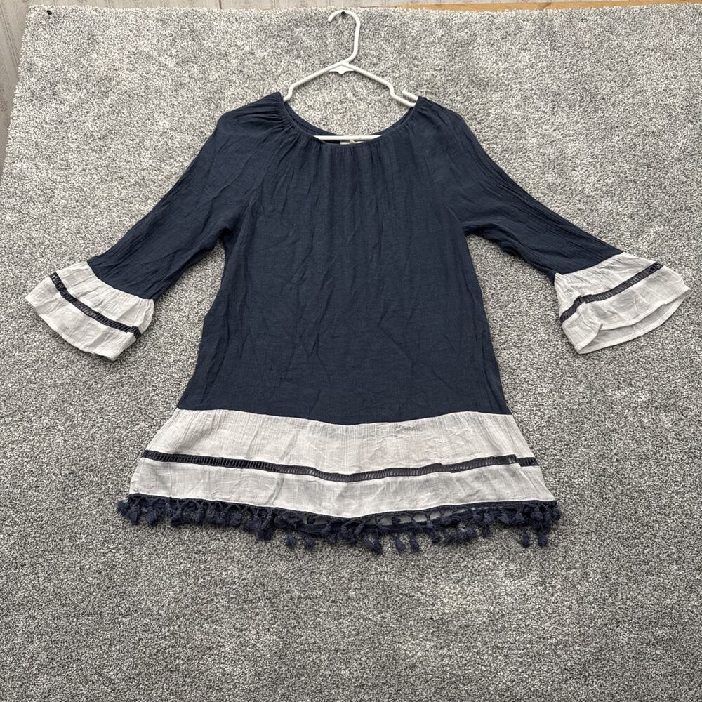 Indigo Soul Tunic Top Women Medium Boho Peasant Lagenlook Tassel Trim Flowy Chic
